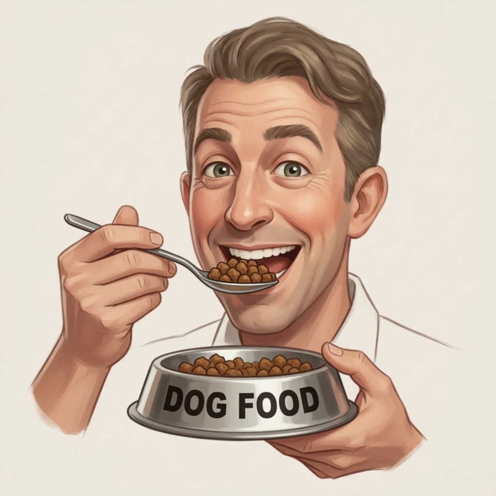 A cheerful developer happily eating from a bowl labelled DOG FOOD with a spoon