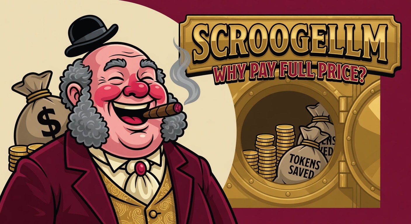 ScroogeLLM — a jovial Victorian gentleman laughing beside a vault stacked with bags labelled TOKENS SAVED, under a gilded sign reading 'Why pay full price?'