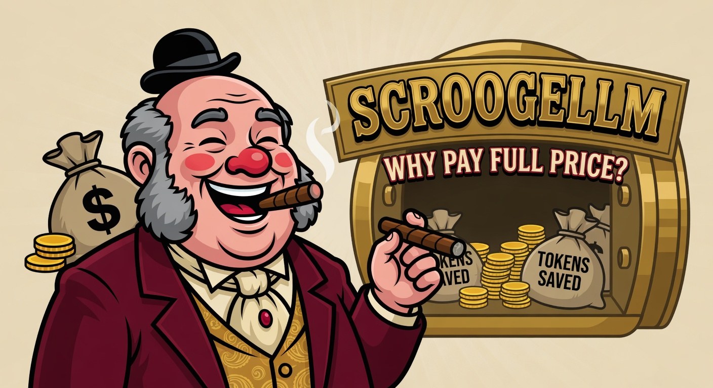 ScroogeLLM mascot tipping his cigar beside a gilded vault marked TOKENS SAVED, under a sign reading 'Why pay full price?'