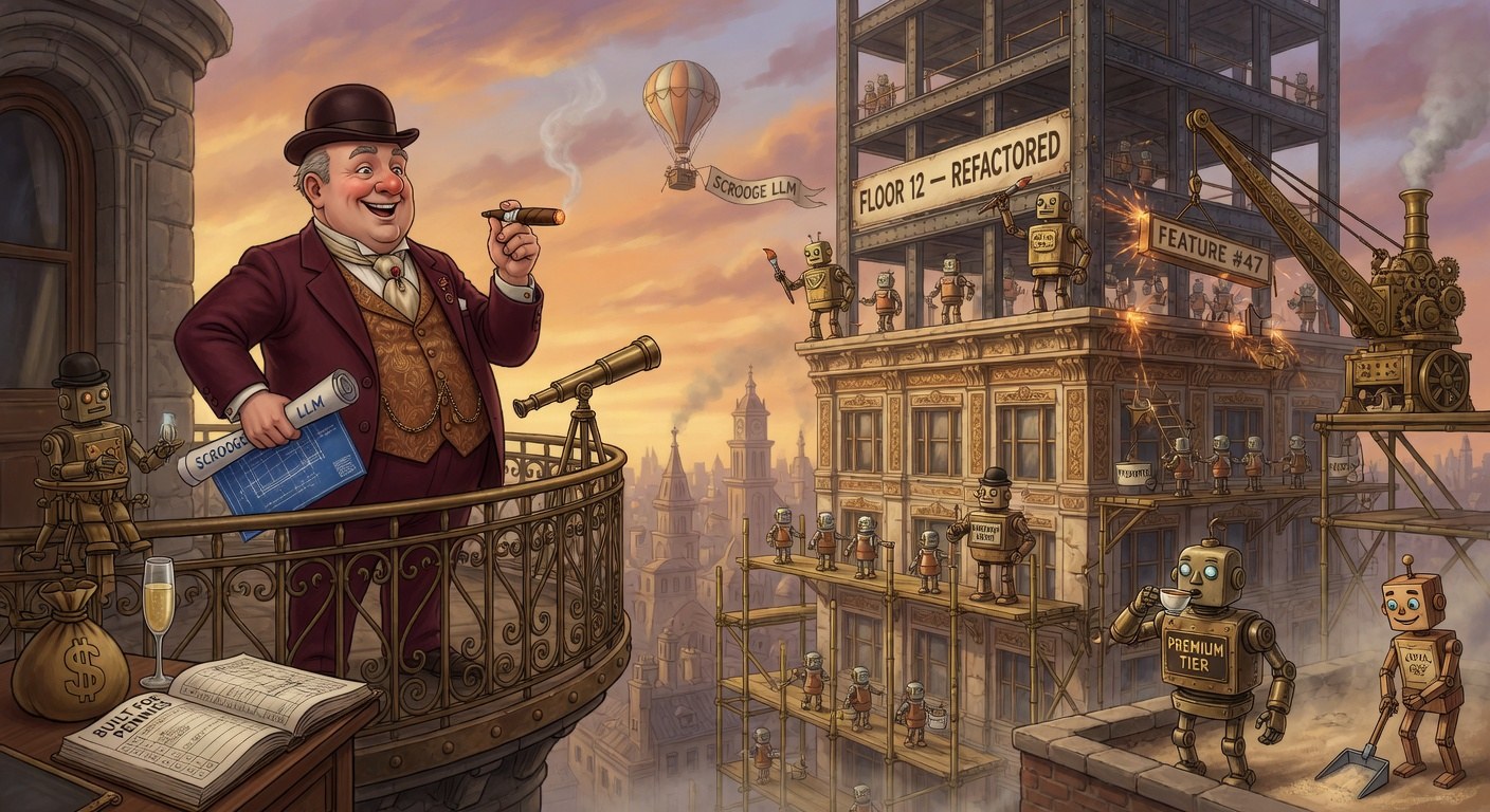Old Scrooge on a brass balcony surveying robot construction crews building an Edwardian skyscraper labelled MEGACORP, FLOOR 12 REFACTORED, FEATURE #47, with a SCROOGELLM hot-air balloon overhead