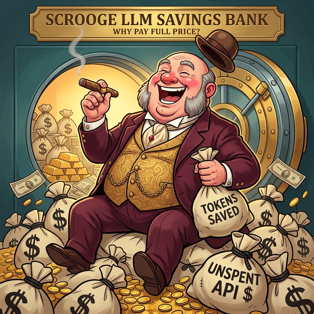Old Scrooge sitting on a pile of moneybags labelled TOKENS SAVED and UNSPENT API, inside a vault marked SCROOGE LLM SAVINGS BANK