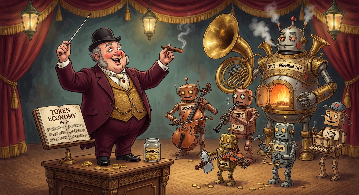 Old Scrooge conducting an orchestra of vintage brass robots labelled HAIKU, SONNET, FLASH, MINI, OPUS PREMIUM TIER and LOCAL FREE, with a sheet of music titled TOKEN ECONOMY IN B♭ and a savings tip jar on the podium